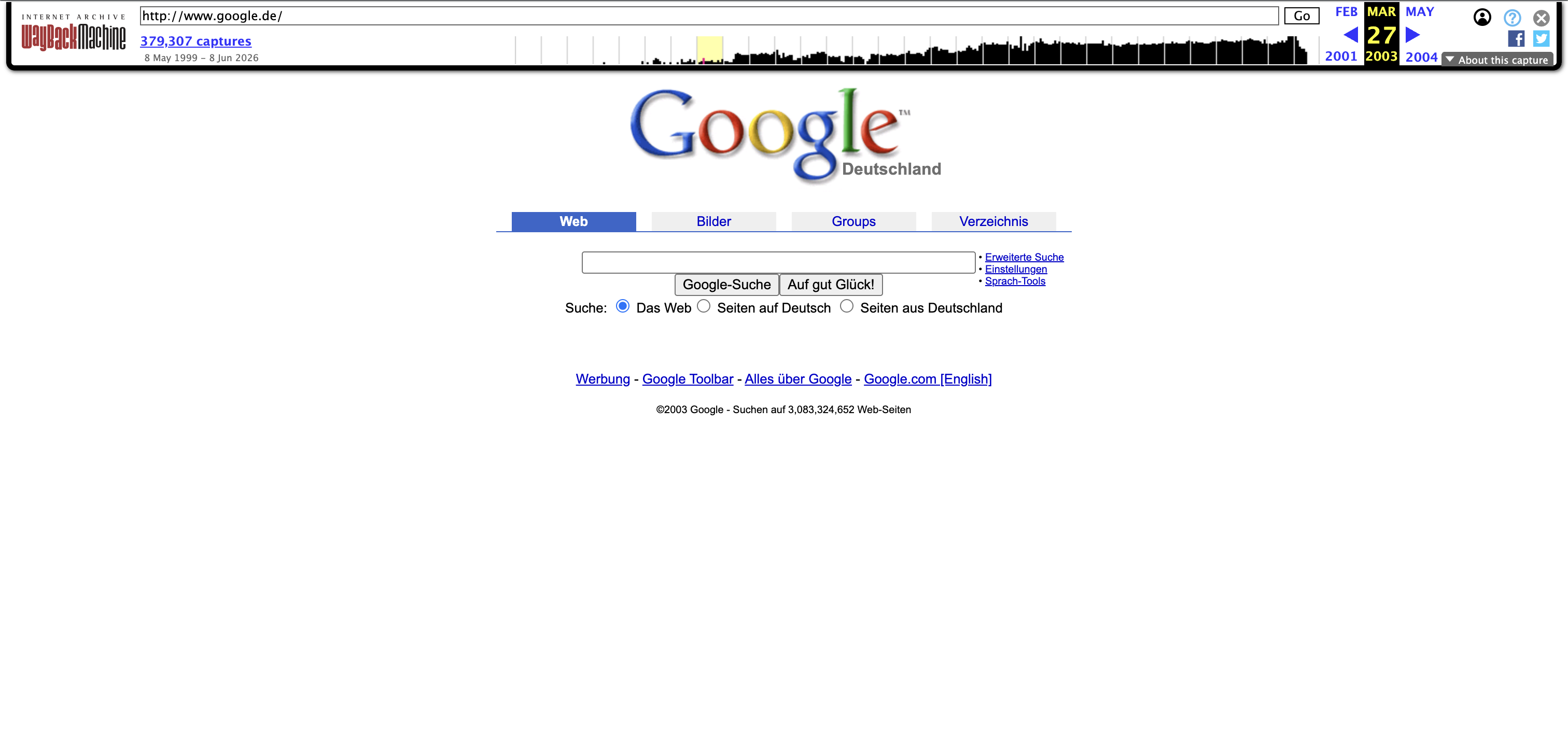Google.de im März 2003, archiviert in der Wayback Machine