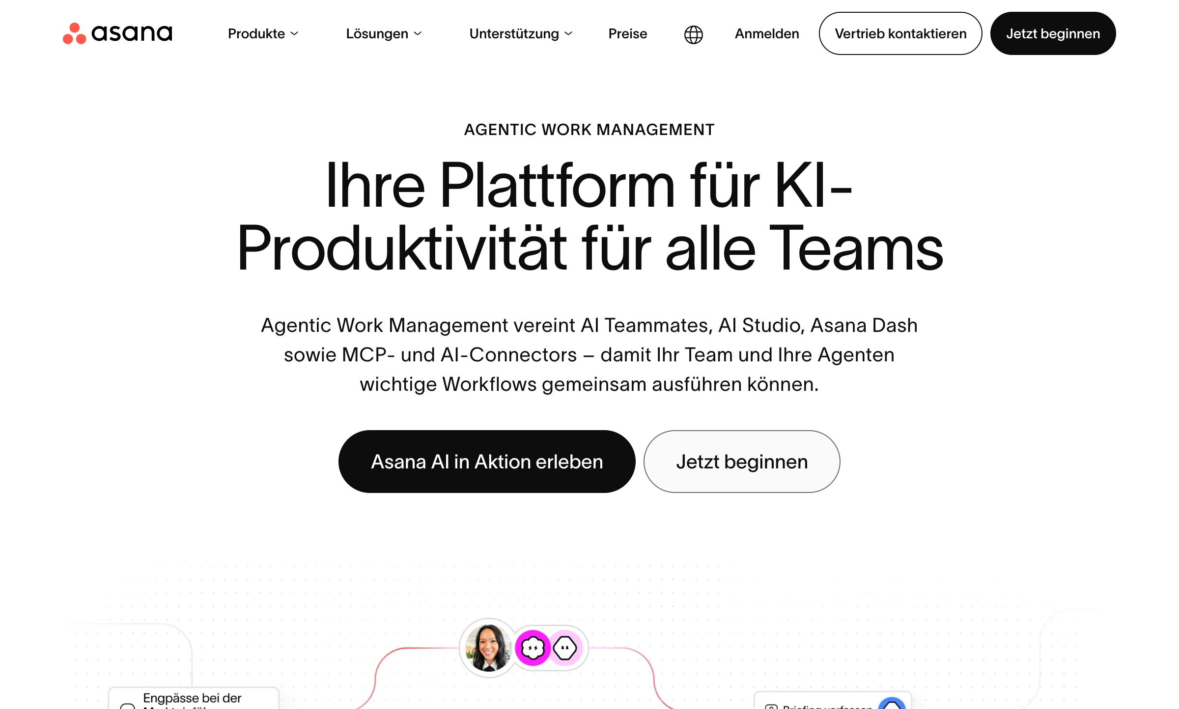 Above-the-Fold-Bereich der Asana-Landing-Page mit klarer Headline, Nutzenversprechen und zwei Call-to-Actions
