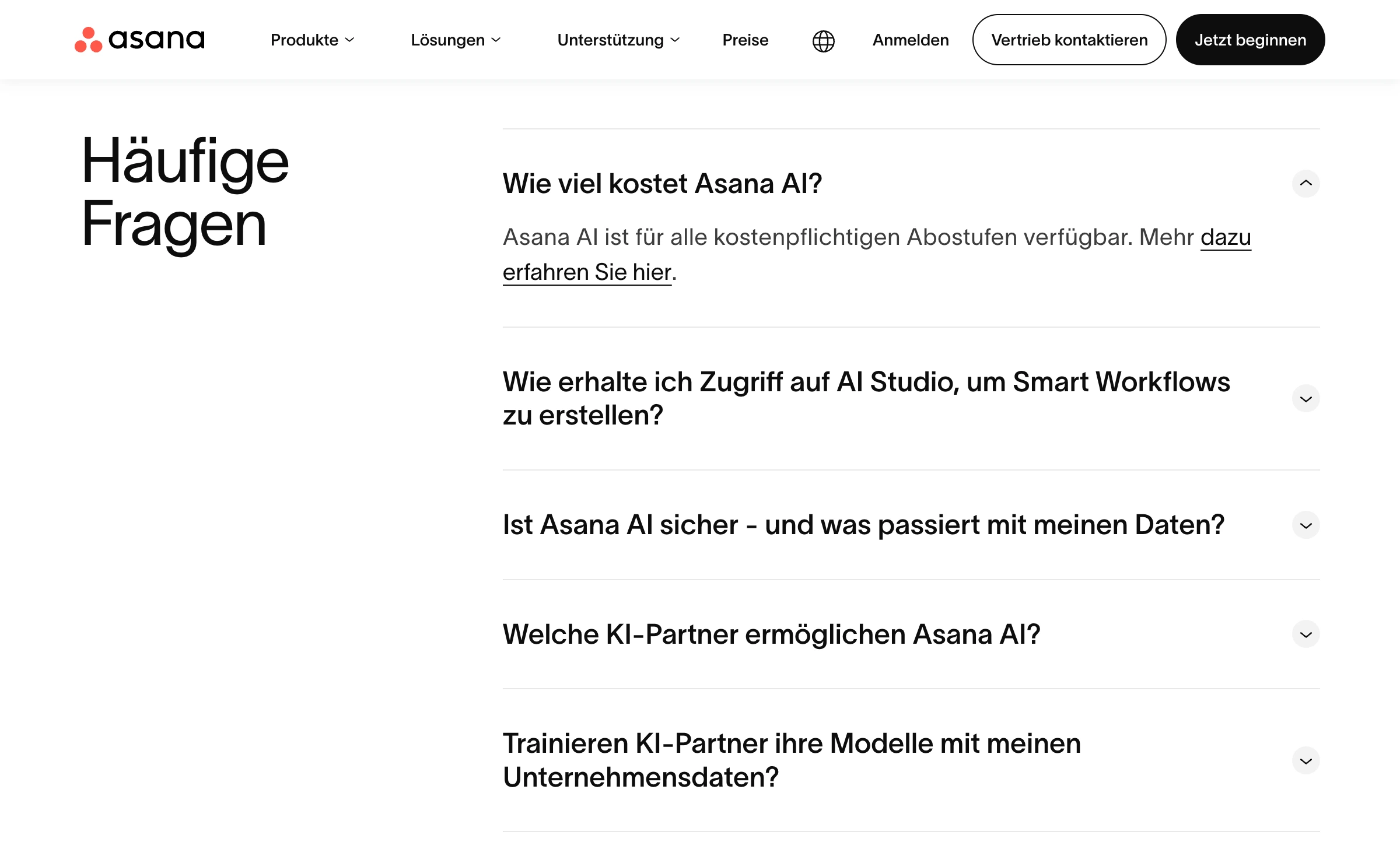 FAQ-Bereich einer Landing Page, der typische Einwände zu Preis, Sicherheit und Daten aktiv beantwortet