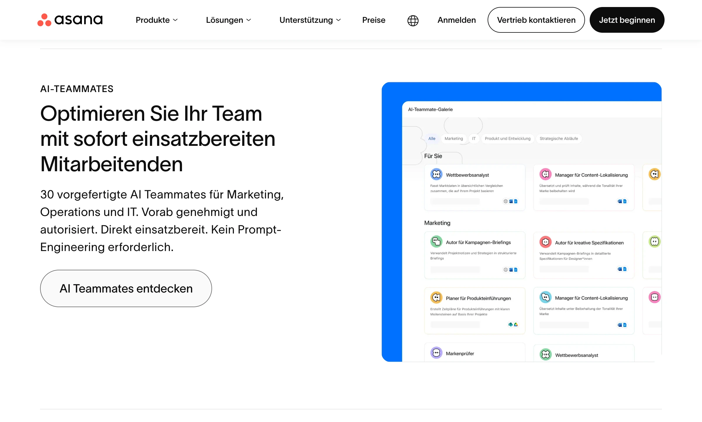 Landing-Page-Abschnitt, der die Zielgruppe klar benennt und Inhalte nach Teams wie Marketing, Operations und IT sortiert