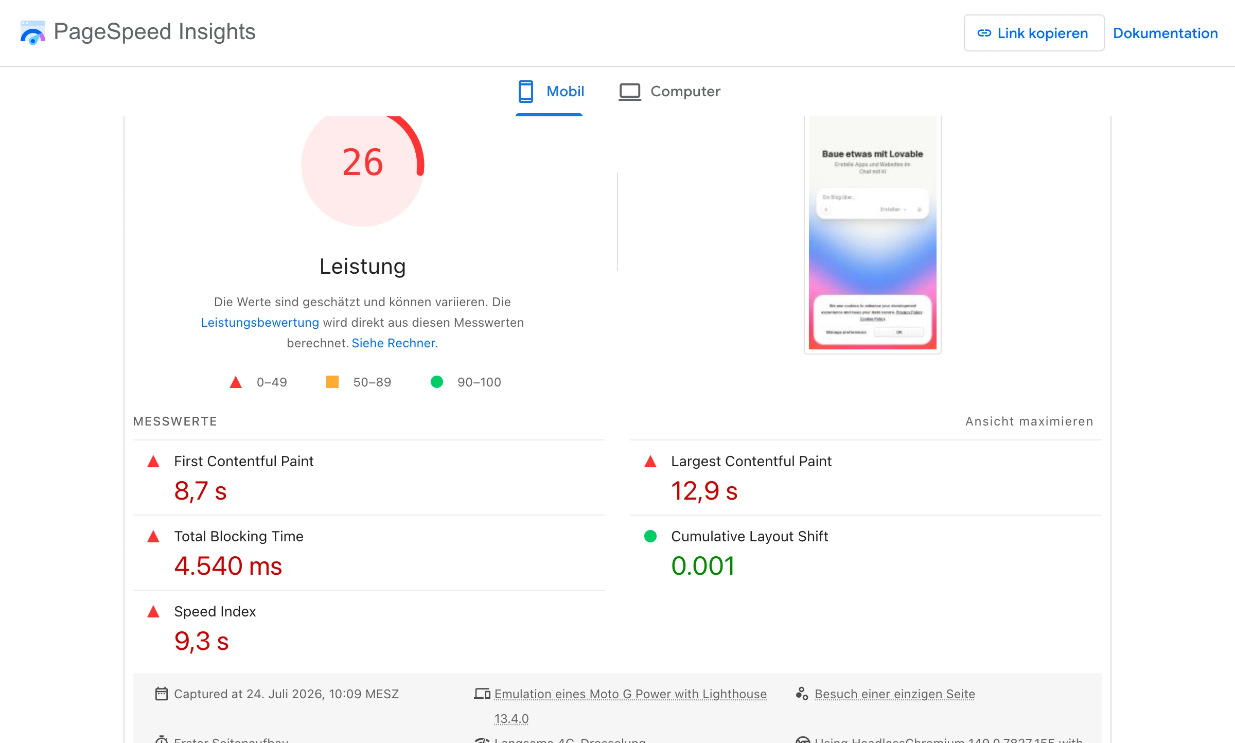 PageSpeed-Insights-Labordaten mit dem Leistungswert 26 von 100: First Contentful Paint 8,7 Sekunden, Largest Contentful Paint 12,9 Sekunden und Total Blocking Time 4.540 Millisekunden liegen im roten Bereich.