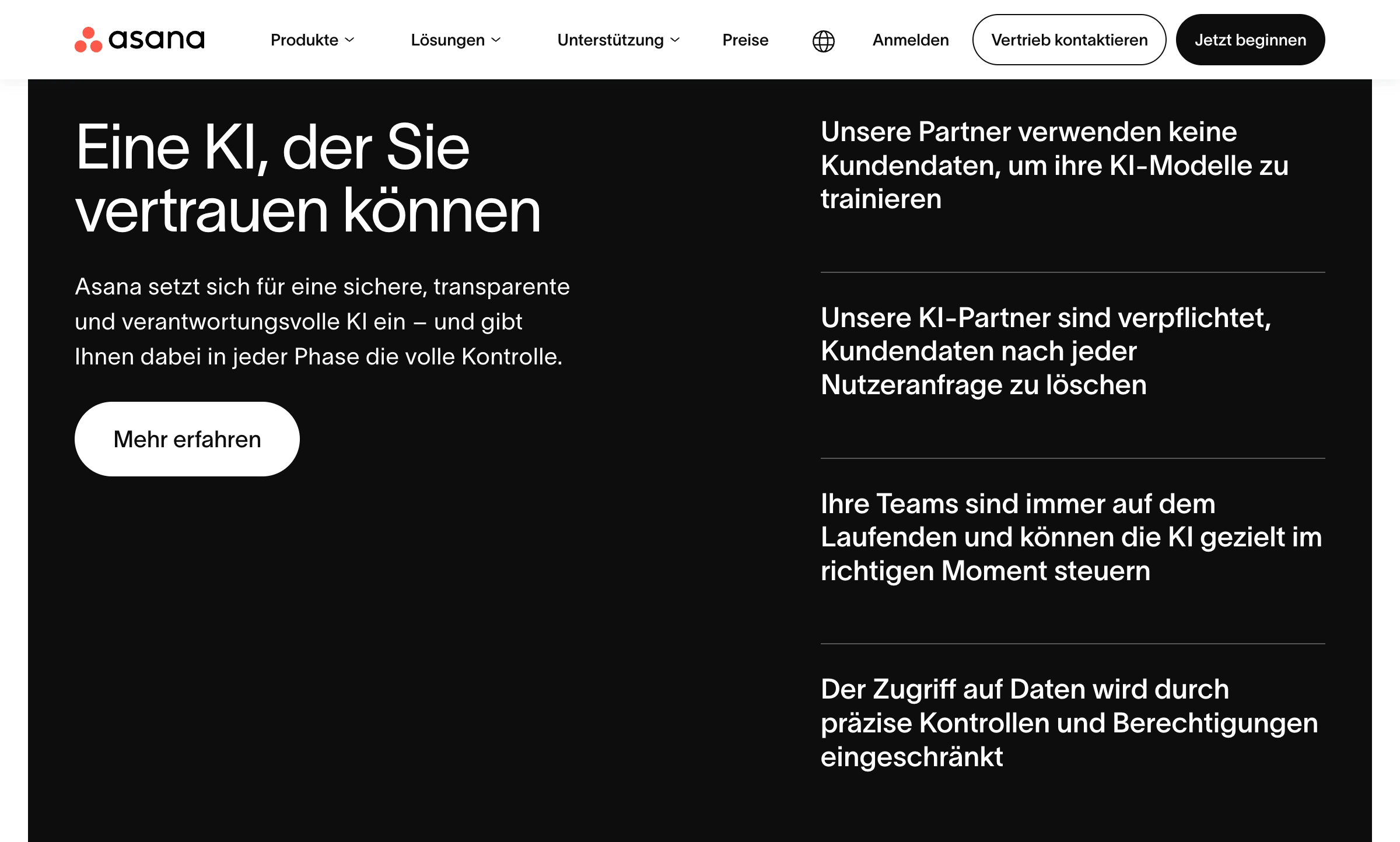 Klar strukturierter Landing-Page-Abschnitt mit zwei Spalten, kurzen Überschriften, Trennlinien und viel Weißraum
